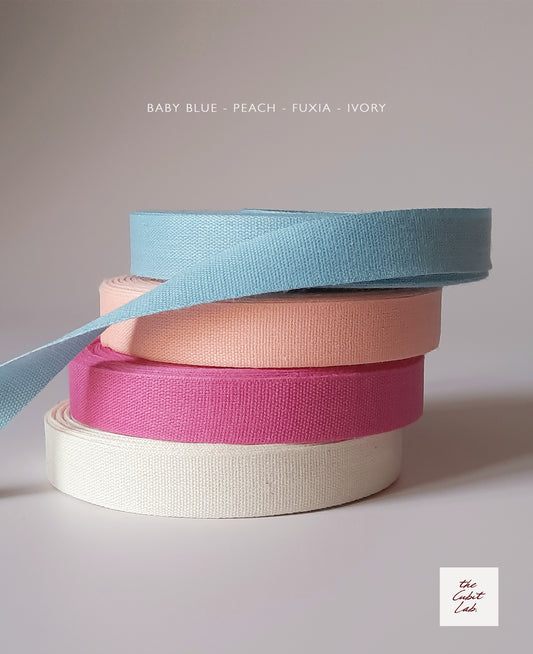 100% cotton ribbon rolls made in Italy in assorted colors, 15mm wide